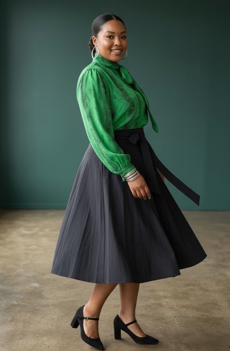 100 % Silk Green Snakeskin Print Vintage Blouse With Glam Bow | Oversized